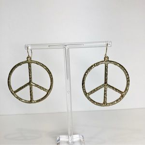Peace Sign Textured Brass Tone Earrings French Hook Ear Wire NEW